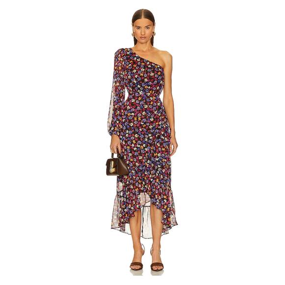 ASTR womens Calista Blue Red Ditsy Floral One Shoulder Chiffon Midi Dress sz XS - Picture 1 of 16